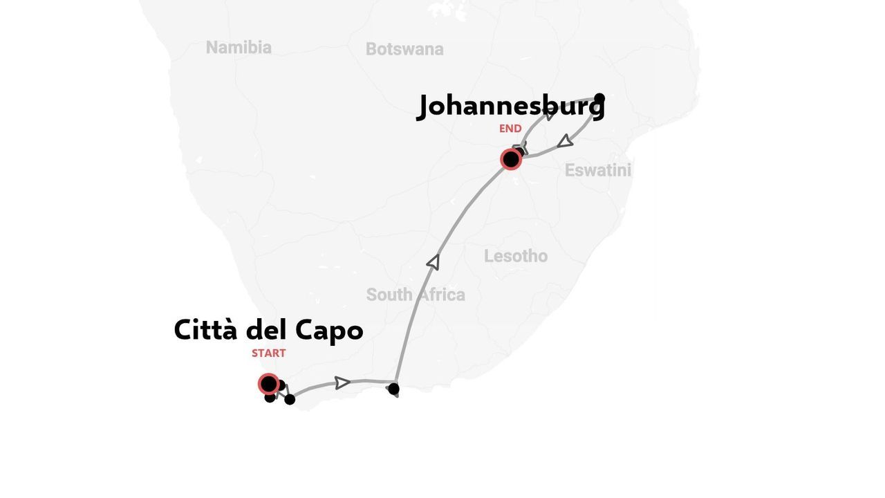 Itinerario di viaggio in Sudafrica con partenza da Città del Capo e arrivo a Johannesburg