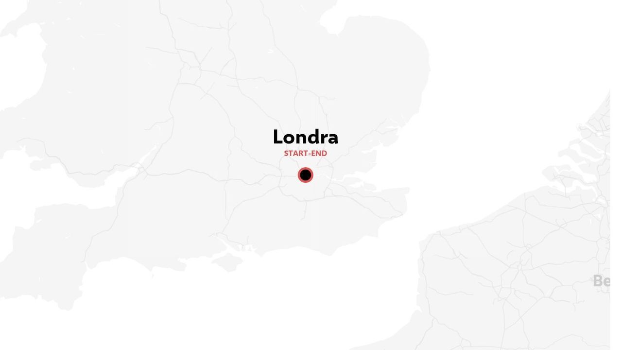 Una mappa di un itinerario di viaggio nell'Inghilterra meridionale che evidenzia Londra come destinazione di partenza e di arrivo.