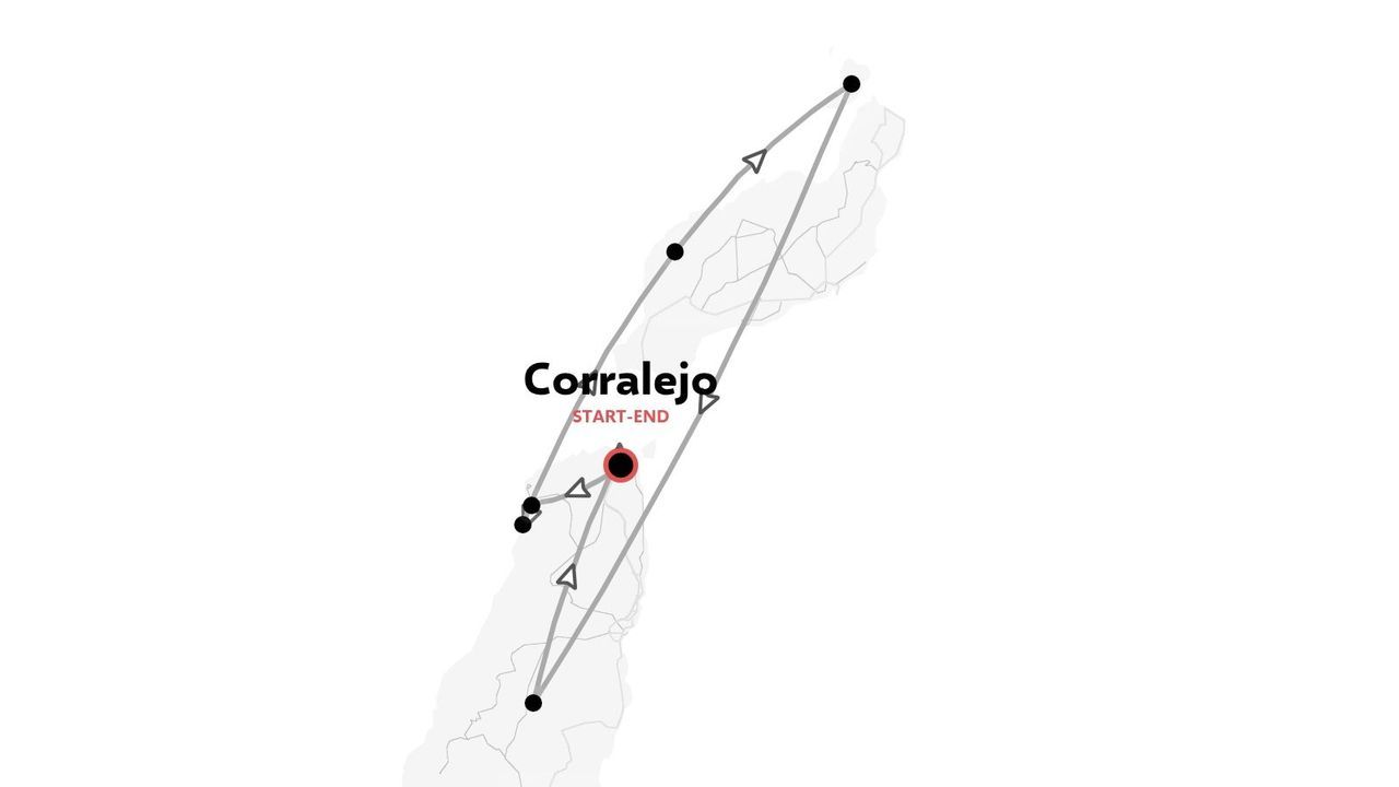 Mapa de ruta de viaje que muestra un itinerario con múltiples paradas que comienza y termina en Corralejo.