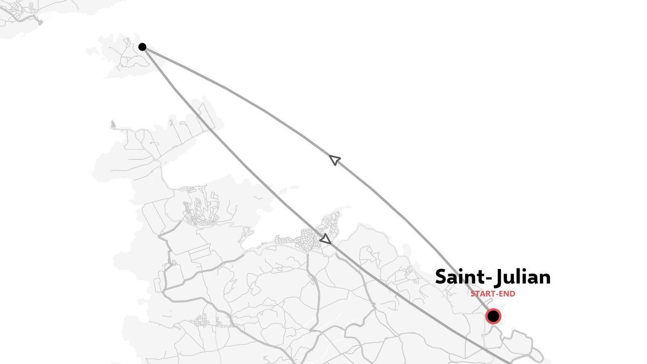 Carte de l'itinéraire de voyage montrant un aller-retour commençant et se terminant à Saint-Julian.
