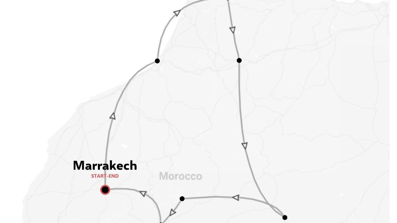 Une carte d'itinéraire de voyage au Maroc affichant un parcours en boucle commençant et se terminant à Marrakech.