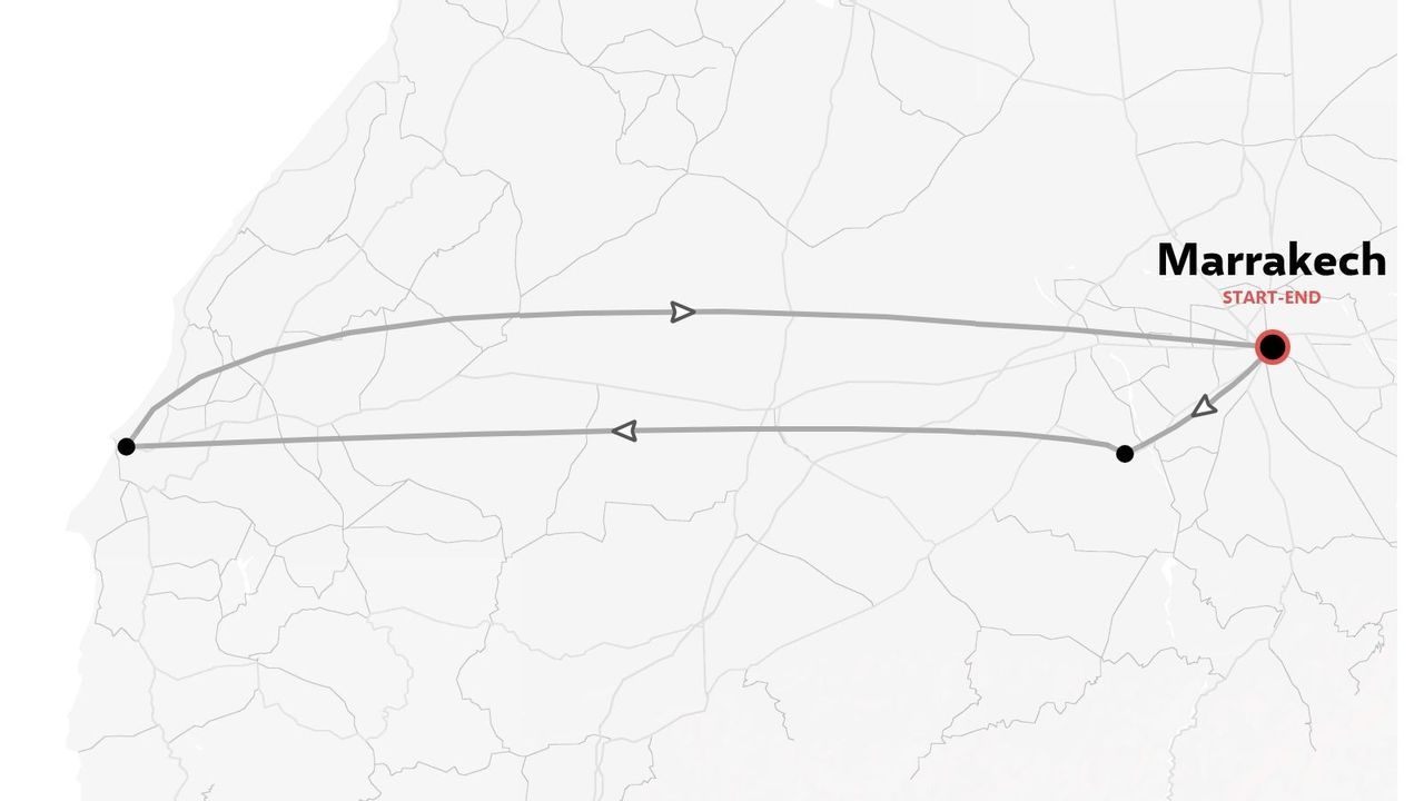 Une carte d'itinéraire de voyage montrant un trajet en boucle commençant et se terminant à Marrakech.