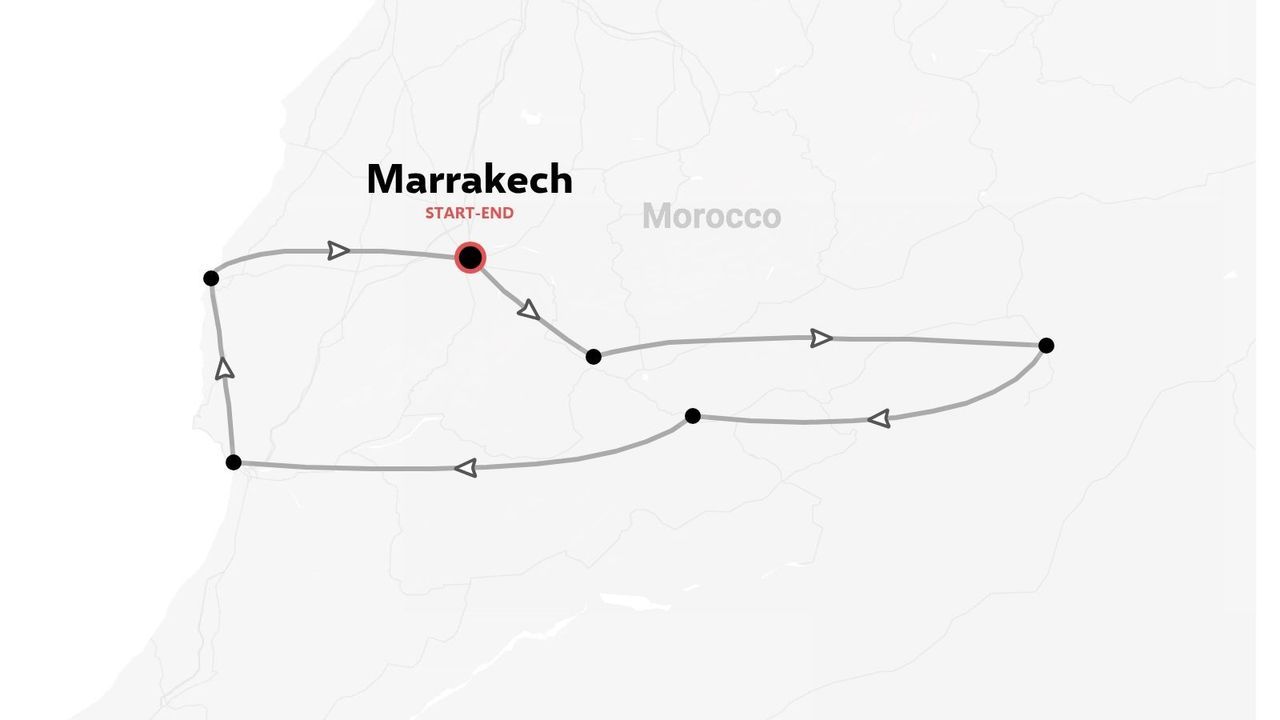 Un itinéraire de voyage et carte routière du Maroc au départ et à l'arrivée de Marrakech avec des arrêts directionnels indiqués.