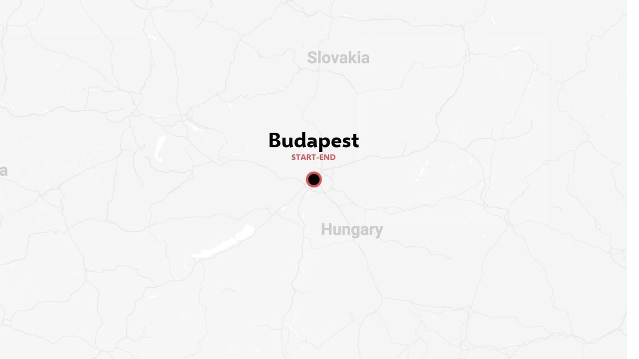 Un itinéraire de voyage mettant en vedette Budapest, en Hongrie, comme point de départ et d'arrivée, avec la Slovaquie au nord.
