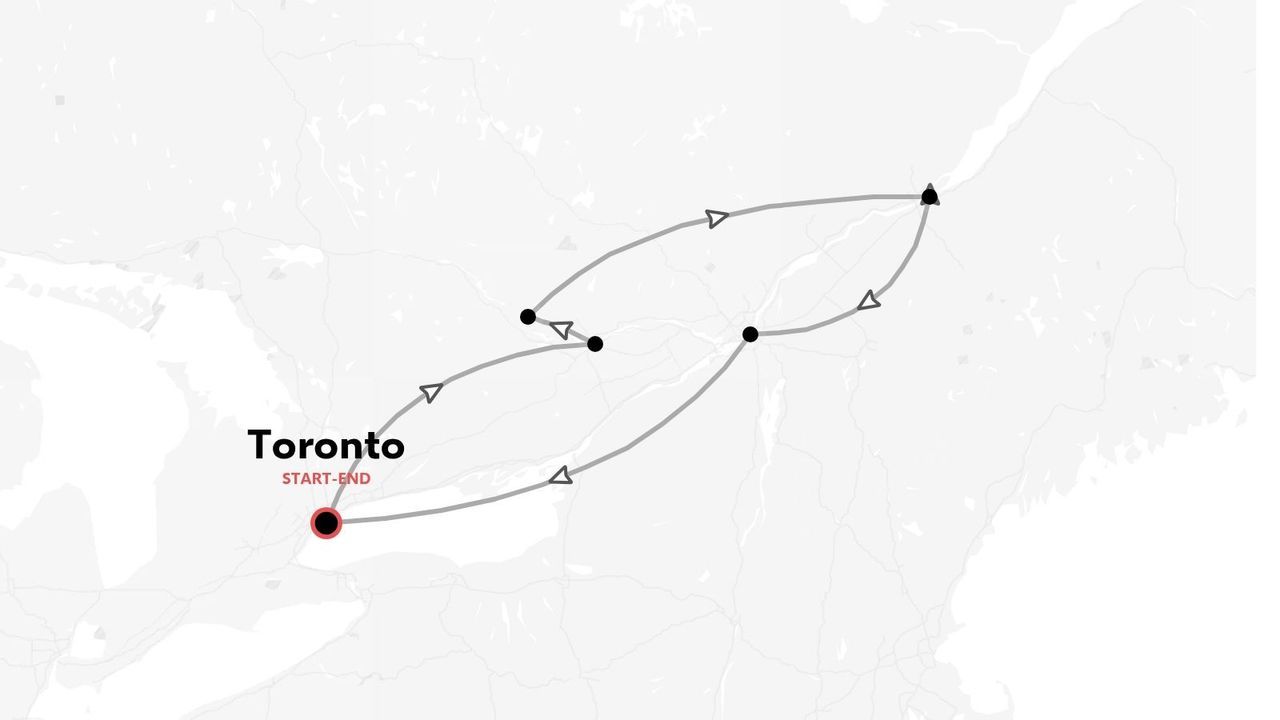 Une carte minimaliste dessinant un itinéraire de voyage en boucle au départ et à l'arrivée de Toronto