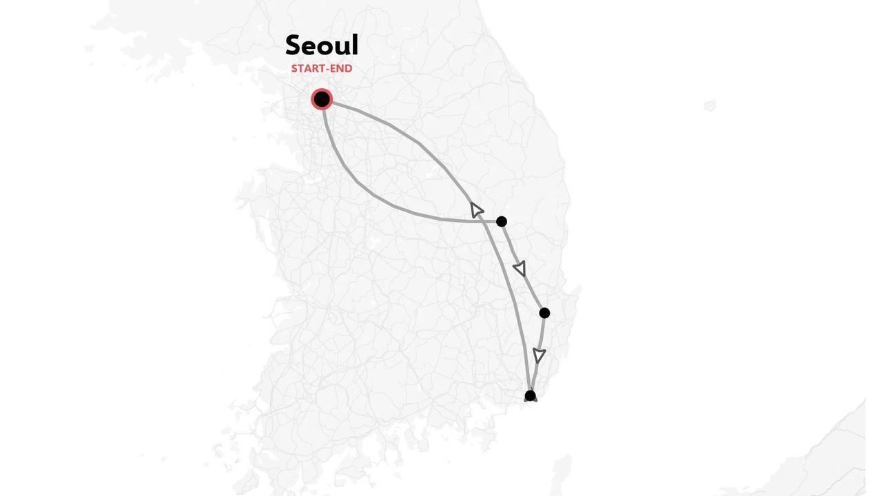 Un itinéraire de voyage en Corée du Sud montrant un parcours en boucle au départ et à l'arrivée à Séoul