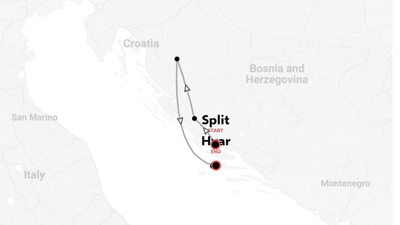 Une carte d'itinéraire de voyage en Croatie montrant un itinéraire commençant à Split et se terminant à Hvar.