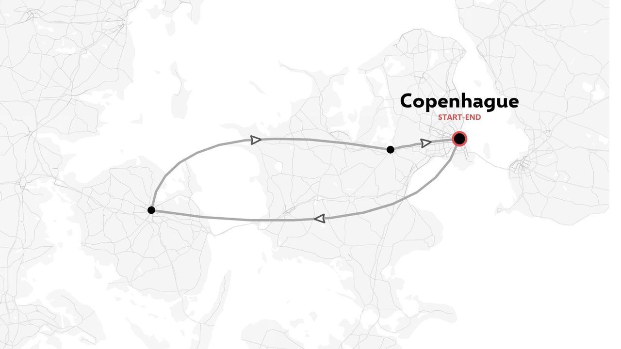 Une carte d'itinéraire de voyage montrant un parcours circulaire débutant et se terminant à Copenhague.