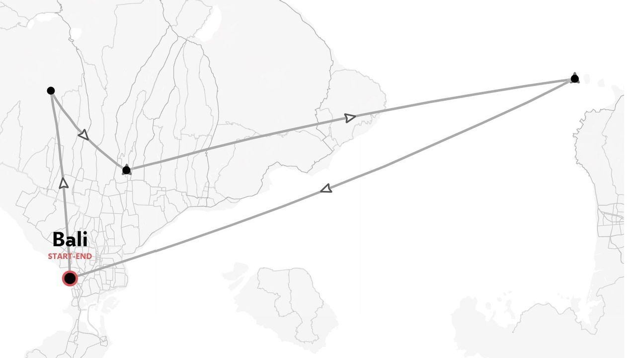 Une carte d'itinéraire de voyage montrant un parcours qui commence et se termine à Bali, reliant plusieurs points.