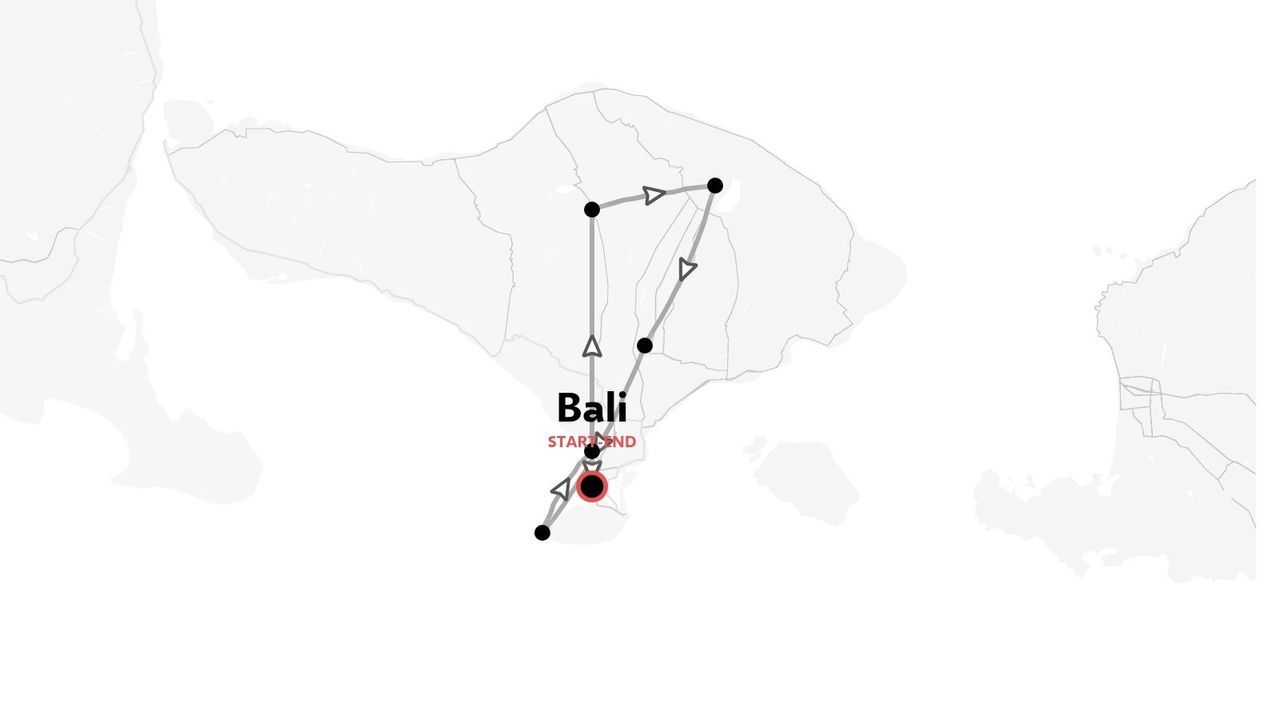 Une carte d'itinéraire de voyage de Bali indiquant les arrêts reliés et les flèches directionnelles du début à la fin.