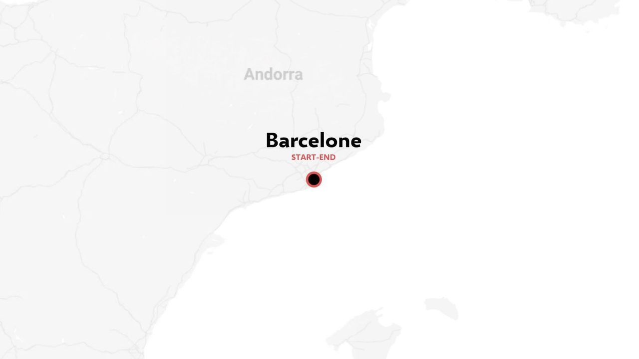 Un itinéraire de voyage marquant Barcelone comme point de départ et d'arrivée, montrant Andorre à proximité.
