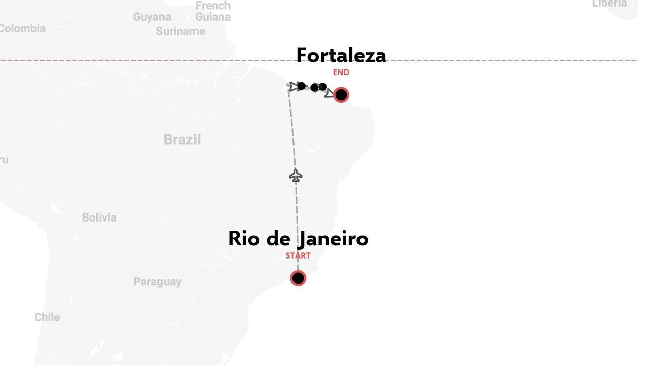 Carte de l'itinéraire de voyage au Brésil indiquant un trajet en avion commençant à Rio de Janeiro et se terminant à Fortaleza.