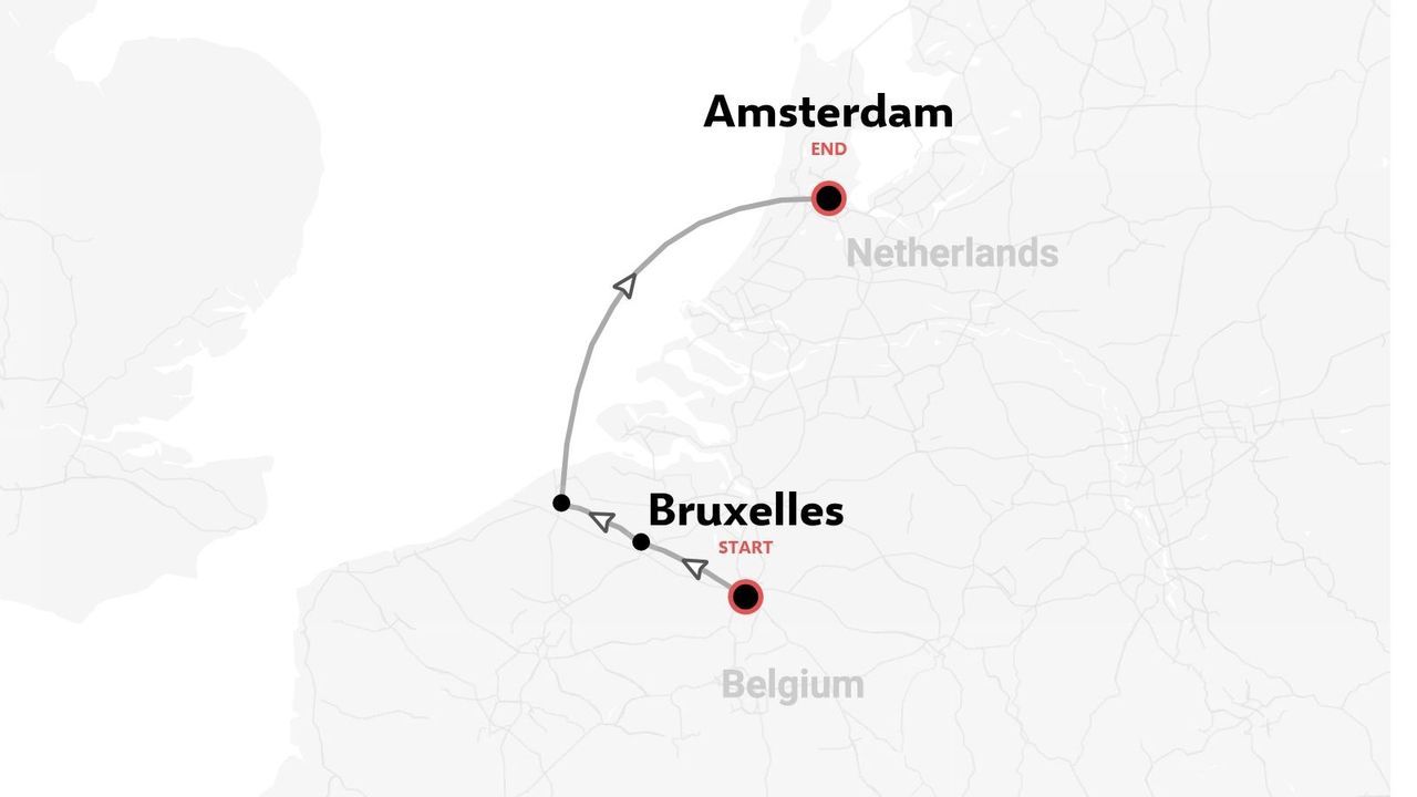 Une carte d'itinéraire de voyage montrant un trajet commençant à Bruxelles, en Belgique, et se terminant à Amsterdam, aux Pays-Bas.
