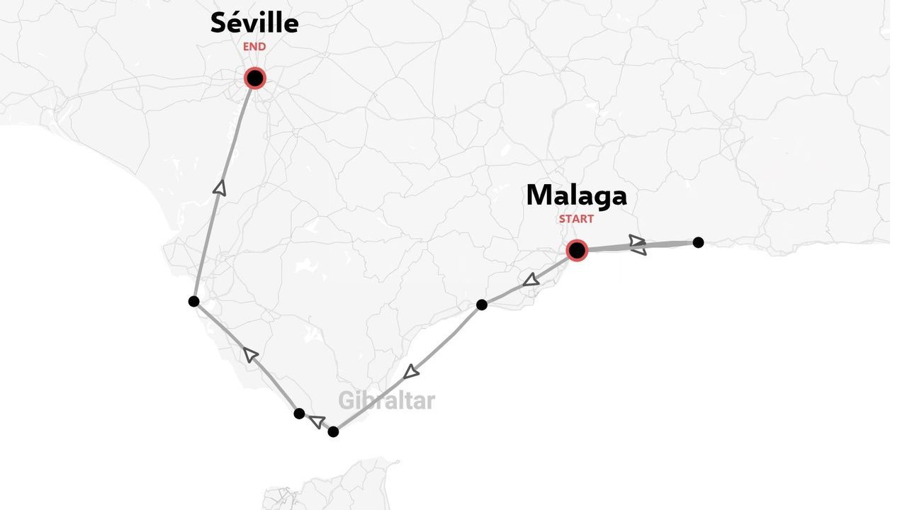 Un itineraire de voyage commencant a Malaga et se terminant a Seville, longeant la cote sud de l'Espagne en passant par Gibraltar.