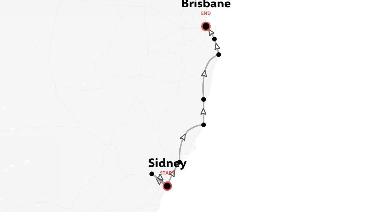 Carte d'itinéraire de voyage montrant un trajet partant de Sydney et se dirigeant vers le nord le long de la côte pour se terminer à Brisbane.