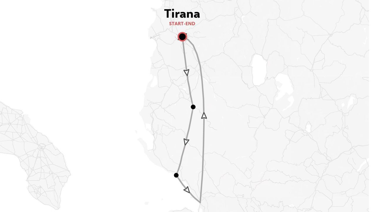 Un itinéraire de voyage commençant et se terminant à Tirana, montrant un parcours en boucle à travers l'Albanie.
