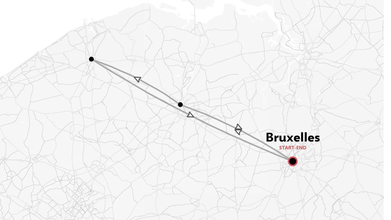 Carte d'itinéraire de voyage montrant un trajet aller-retour au départ et à l'arrivée de Bruxelles avec des arrêts marqués le long du parcours.