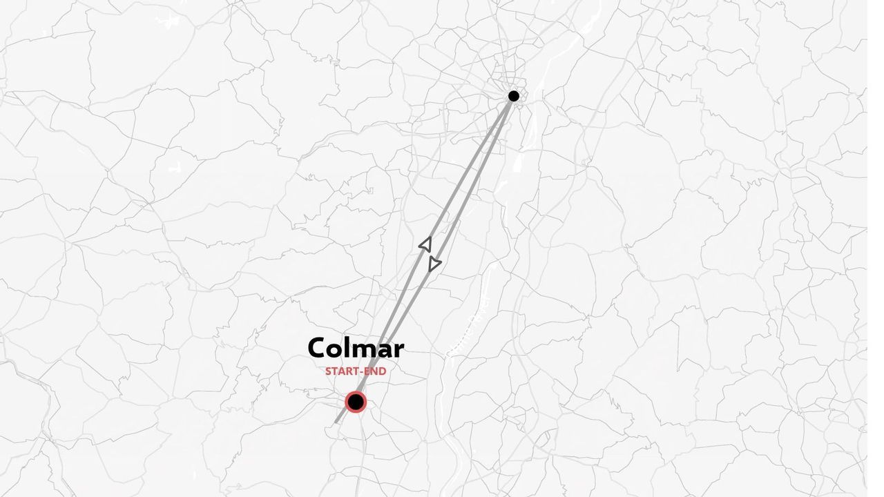 Una mappa dell'itinerario di viaggio che mostra un percorso ad anello con partenza e arrivo a Colmar.