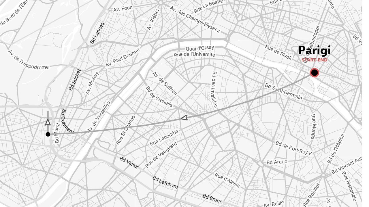 Una mappa stradale di Parigi che mostra un itinerario di viaggio tracciato tra le strade della città con un punto di partenza e di arrivo designati
