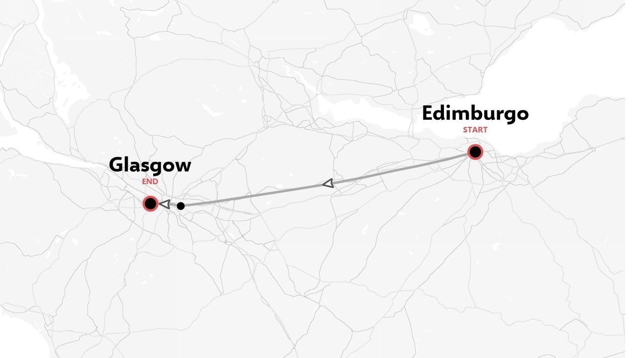 Una mappa dell'itinerario di viaggio che mostra un viaggio diretto da Edimburgo a Glasgow.