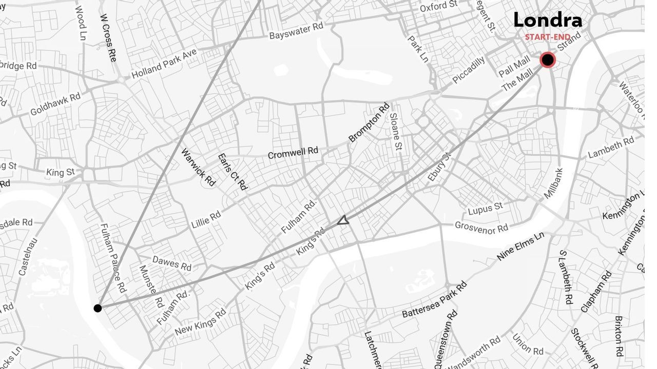 Mappa stradale di Londra che mostra una linea di percorso di viaggio con strade etichettate e indicatori di punto di inizio e fine.