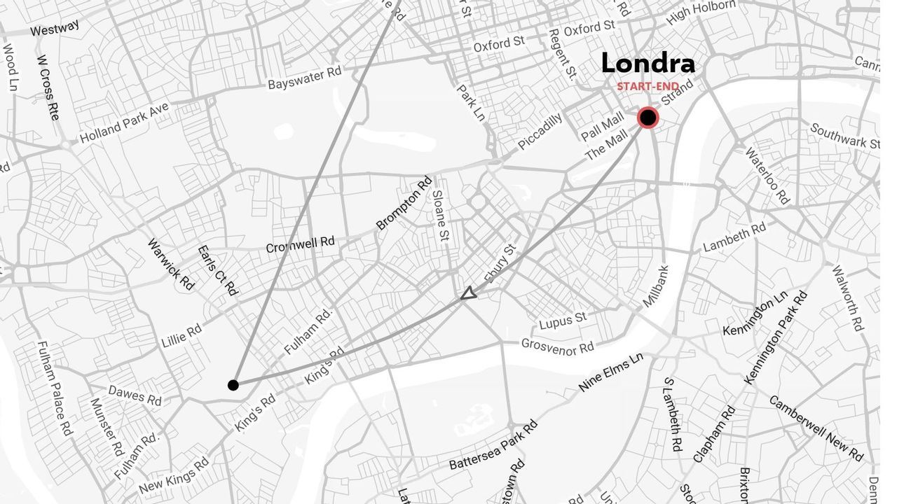 Mappa stradale di Londra che mostra un percorso segnato tra il centro di Londra e la zona di Fulham.