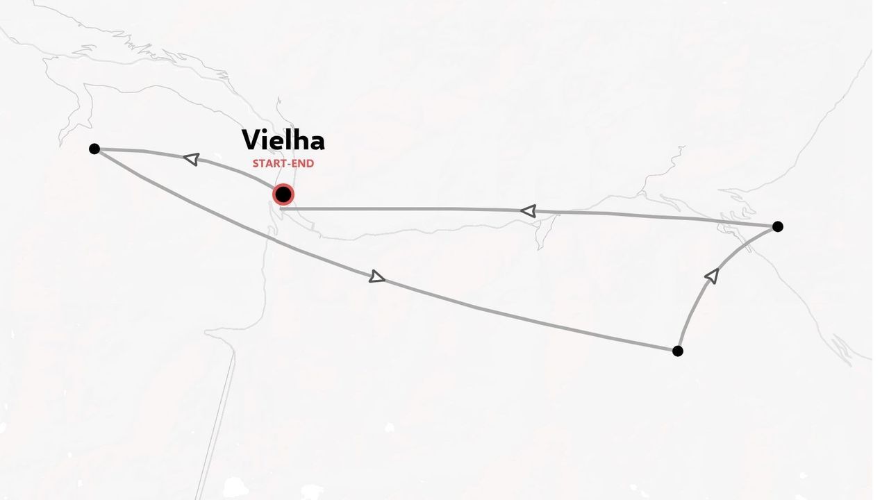 Un mapa de ruta de viaje que muestra un circuito cerrado que empieza y termina en Vielha.