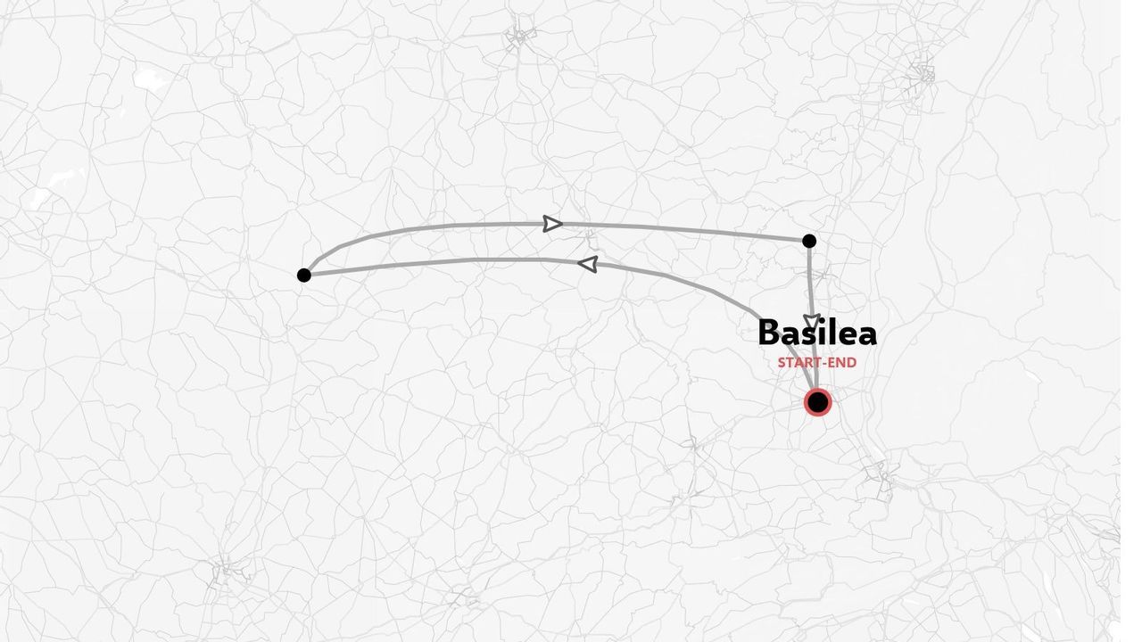 Mapa de ruta de viaje que muestra un itinerario circular que comienza y termina en Basilea con flechas direccionales que conectan los puntos de la ruta