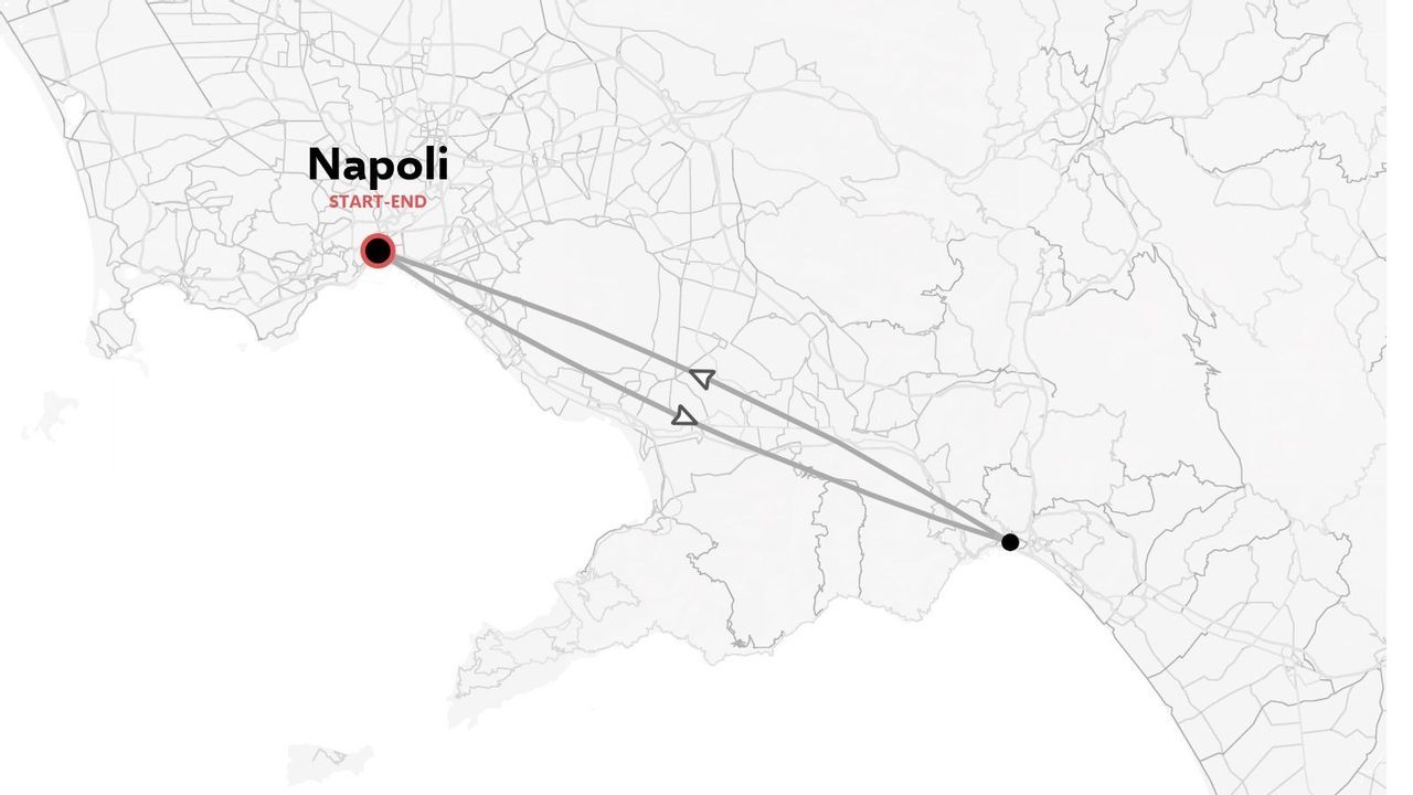 Un mapa de ruta de viaje que muestra un viaje de ida y vuelta que empieza y termina en Nápoles.