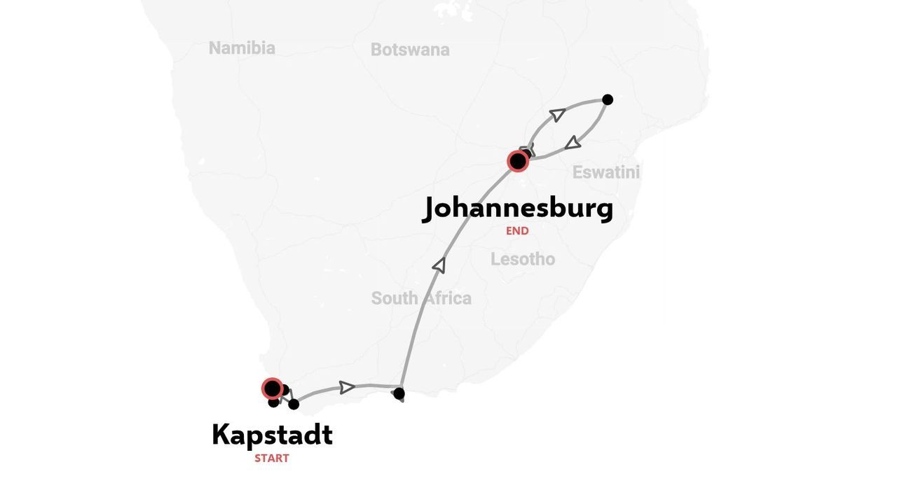 Reiseroute durch Südafrika von Kapstadt nach Johannesburg