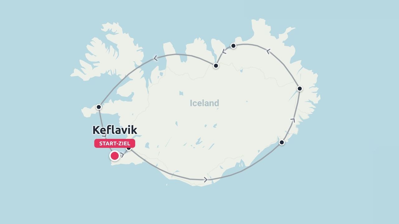 Eine Reiseroutekarte von Island, die eine Rundtour mit Haltestellen zeigt, die in Keflavik beginnt und endet.