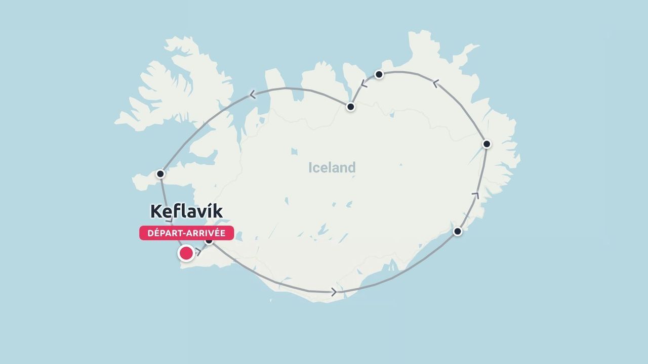 Une carte de l'Islande illustrant un itinéraire de voyage circulaire commençant et se terminant à Keflavík avec plusieurs arrêts