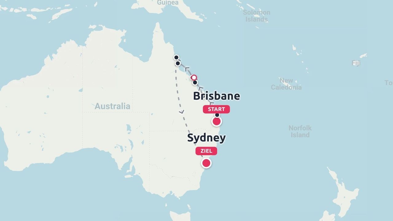 Reisekarte des östlichen Australiens mit einer Reiseroute, die in Brisbane beginnt, an der Küste nach Norden verläuft und in Sydney endet.