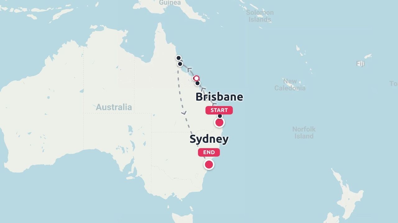 Map of Australia outlining a travel route along the east coast from Brisbane to Sydney.