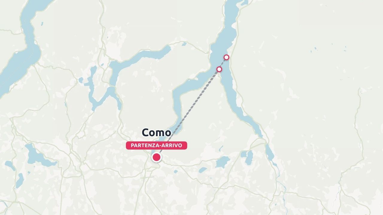 Mappa di viaggio del Lago di Como con un itinerario che evidenzia partenza e arrivo a Como.