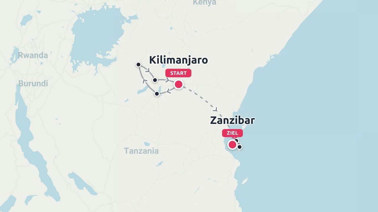 Eine Tansania-Reiseroute, die in Kilimandscharo beginnt und in Sansibar endet.