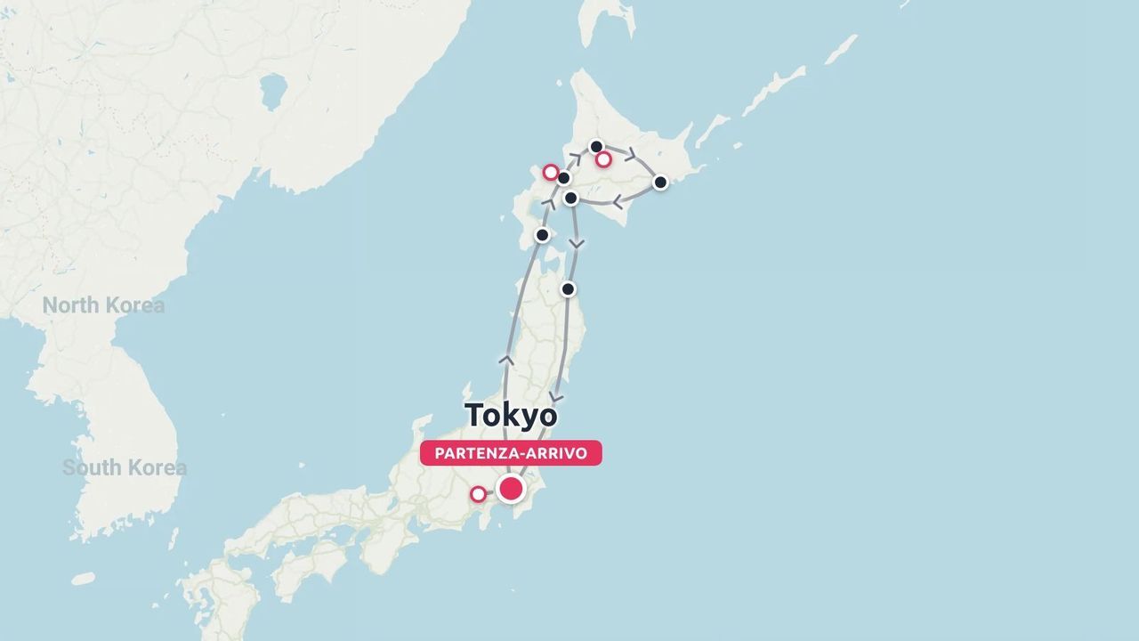 Un itinerario di viaggio in Giappone, con partenza e arrivo a Tokyo e un percorso ad anello attraverso le regioni settentrionali.