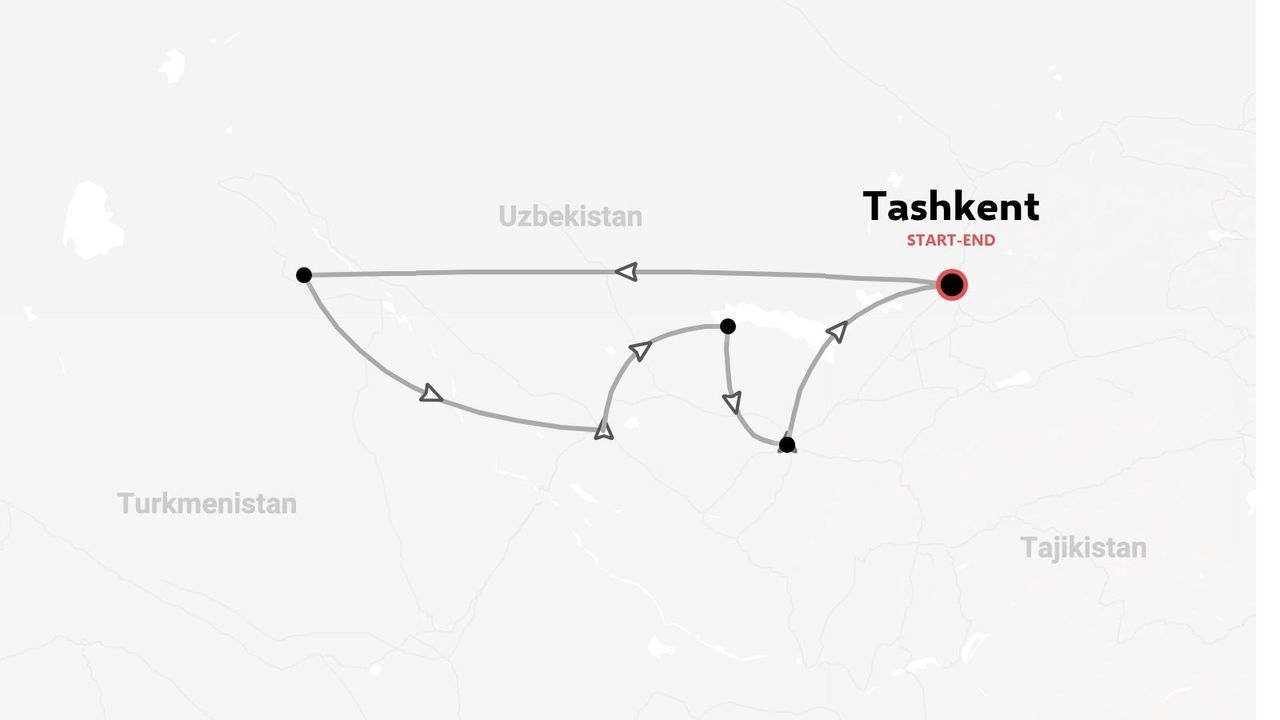 Una mappa dell'itinerario di viaggio dell'Uzbekistan che mostra un percorso ad anello con partenza e arrivo a Tashkent.