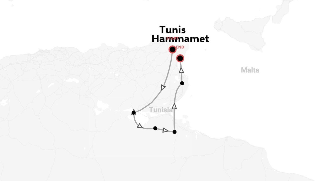 Eine Reiseroute durch Tunesien, die eine Rundreise von Tunis nach Hammamet mit mehreren Zwischenstopps darstellt.