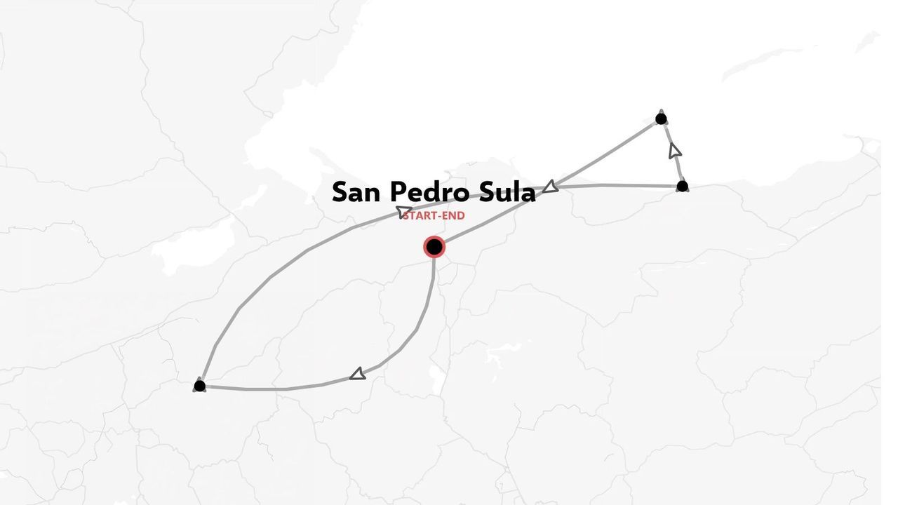 Eine Reiseroute, die eine Rundreise zeigt, die in San Pedro Sula beginnt und endet.