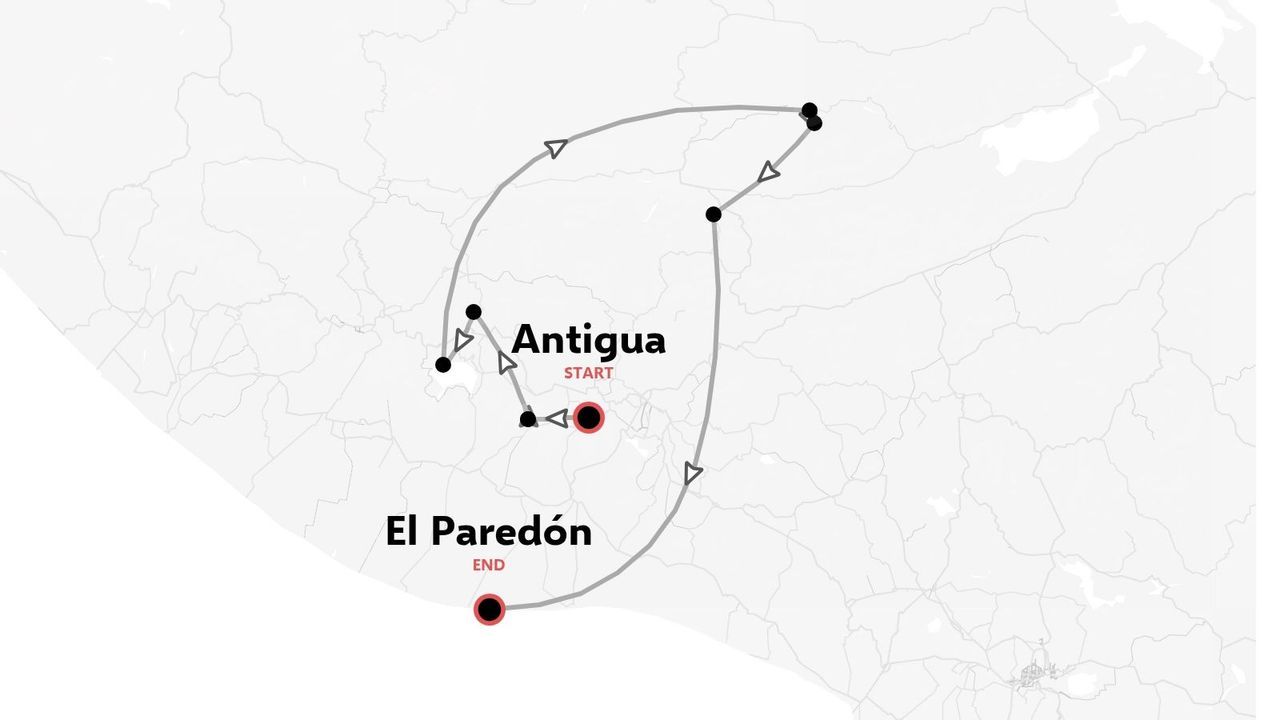 Eine Reiseroute, die einen Rundweg von Antigua nach El Paredón zeigt.