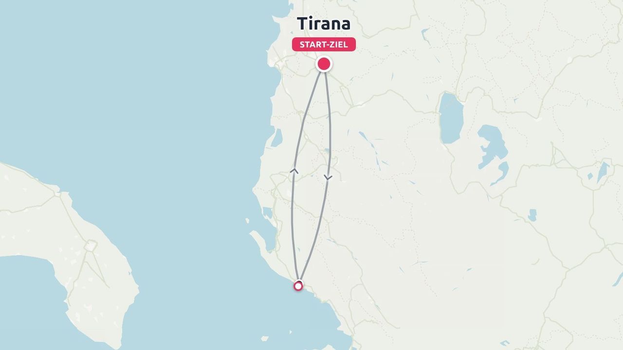 Reisekarte mit einer Rundreise, die in Tirana beginnt, entlang der Küste verläuft und dort wieder endet