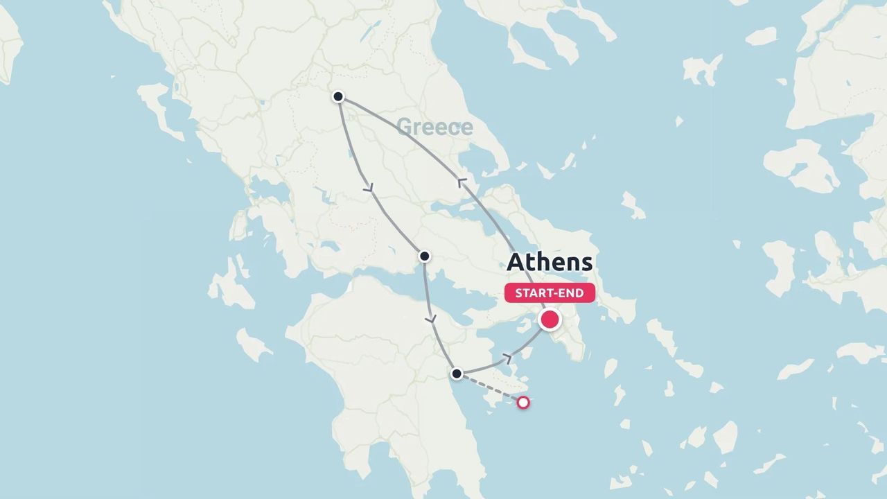A travel route map of Greece showing a circular itinerary starting and ending in Athens.