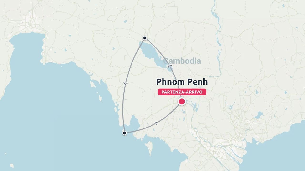 Mappa dell'itinerario di viaggio in Cambogia con un percorso triangolare con partenza e arrivo a Phnom Penh.