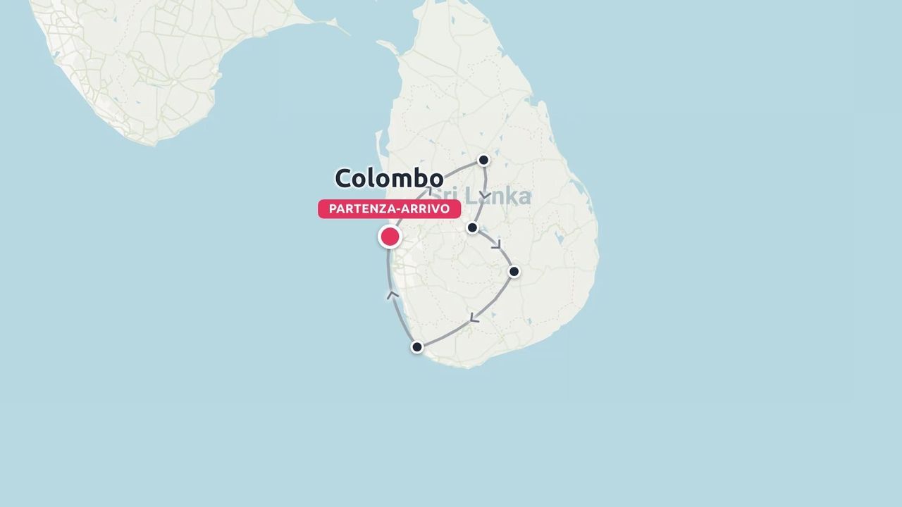 Mappa dell'itinerario di viaggio dello Sri Lanka che mostra un anello con partenza e arrivo a Colombo e diverse tappe