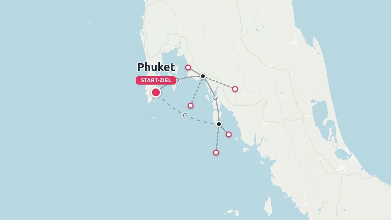 Eine Reiseroute mit Start und Ziel in Phuket und Zwischenstopps an der nahegelegenen Küste