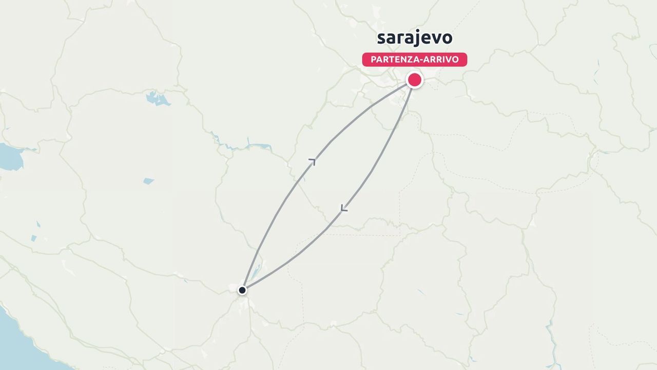 Una mappa dell'itinerario di viaggio che mostra un percorso ad anello con partenza e arrivo a Sarajevo.
