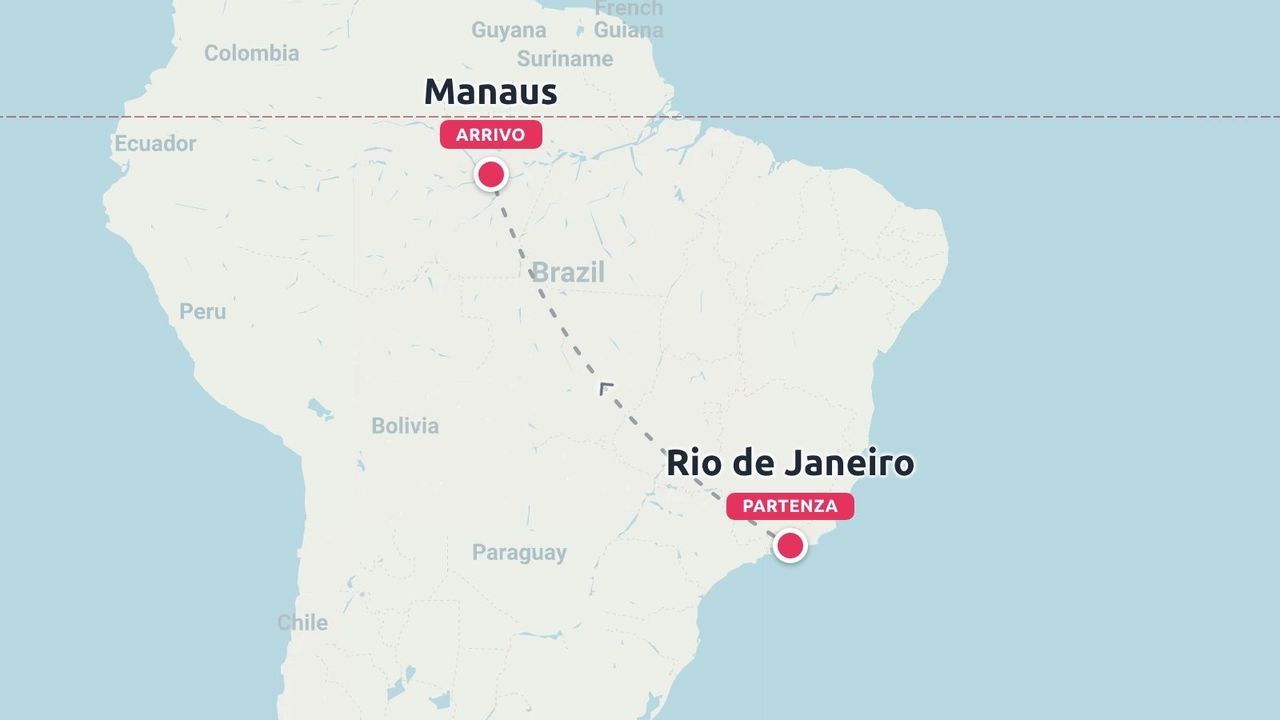 Una mappa del Sud America che mostra un itinerario di viaggio attraverso il Brasile da Rio de Janeiro a Manaus con una linea tratteggiata