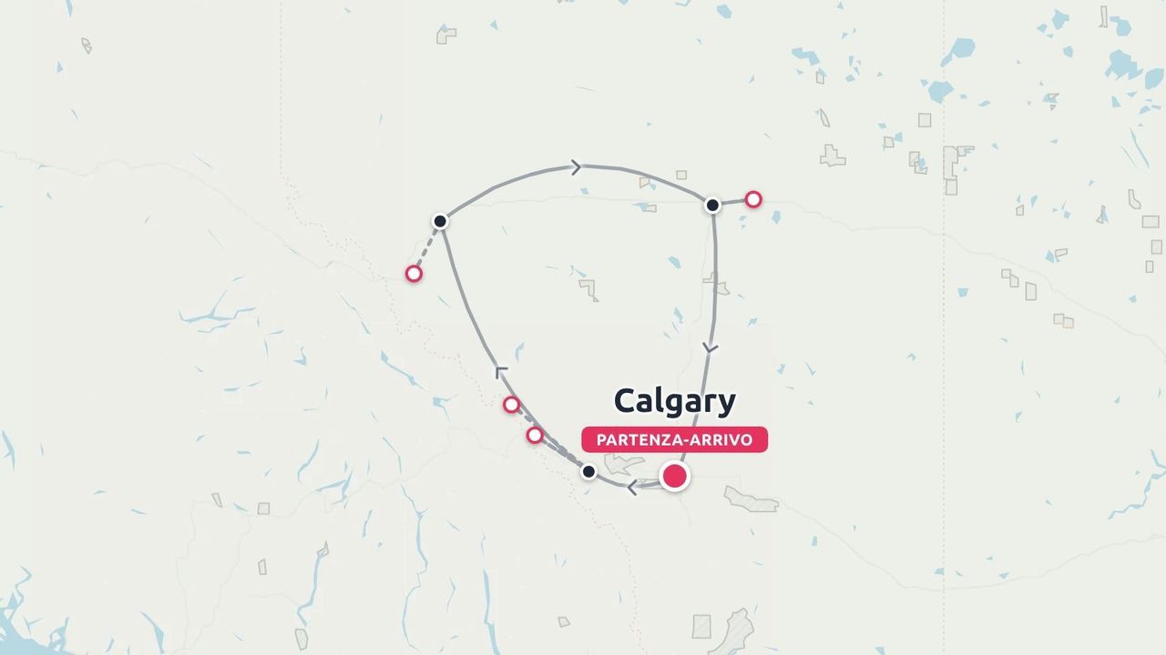 Una mappa di un itinerario di viaggio che mostra un percorso ad anello con partenza e arrivo a Calgary e diverse tappe segnalate