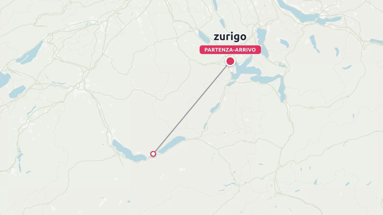 Una mappa di viaggio che mostra un itinerario con partenza e arrivo a Zurigo attraverso i laghi regionali
